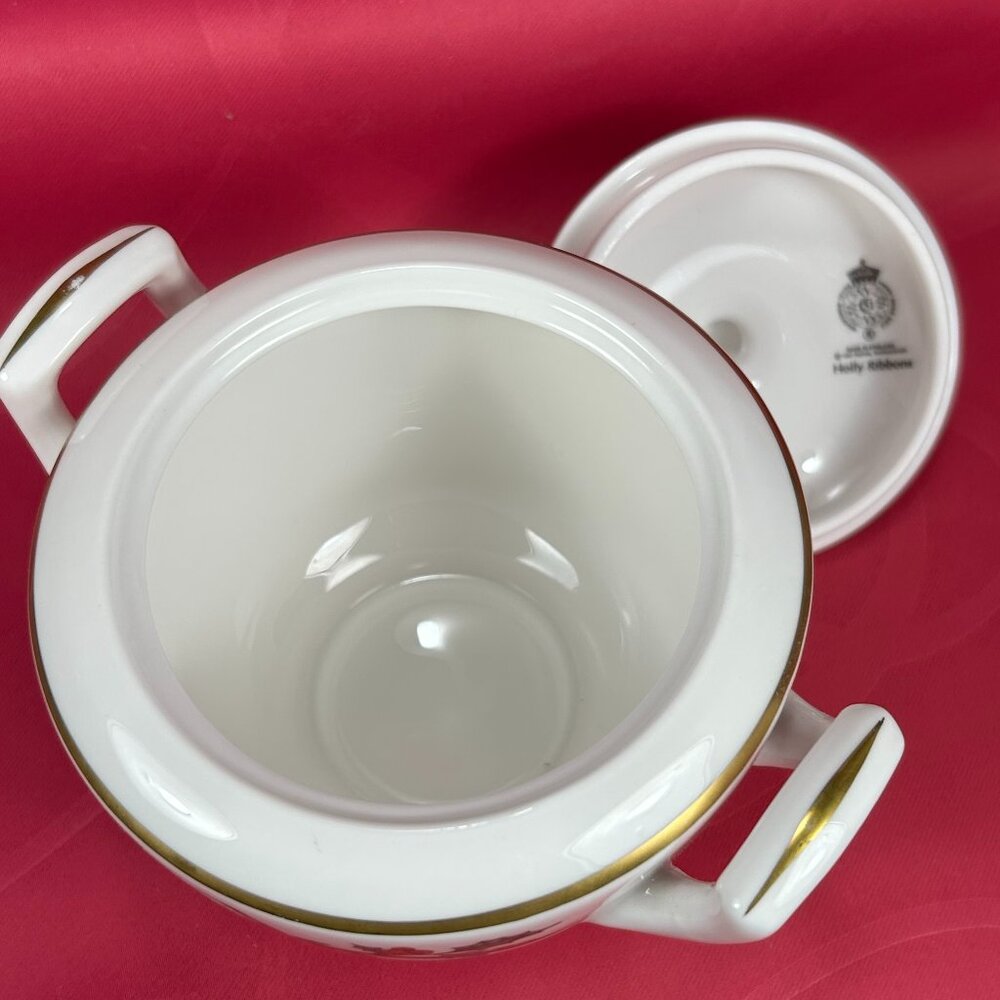 rare Royal Worcester UK Holly Ribbons bone china sugar bowl - Picture 5 of 7